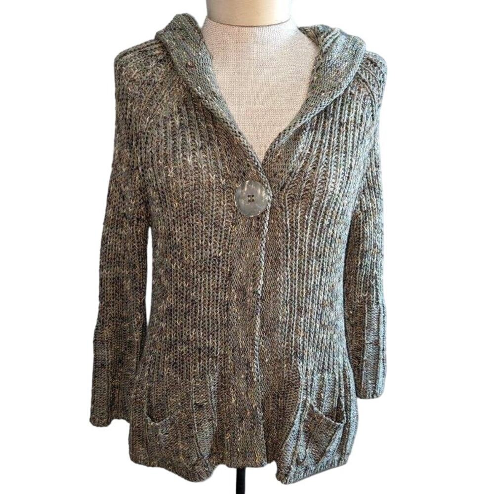 Vertigo Paris Chunky Knit Hooded Sweater Unique Large Button/Snap Green Sz L